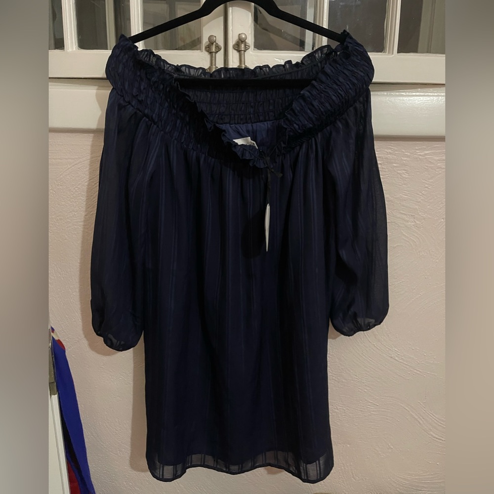NWT Line & Dot long sleeve navy striped off the shoulder mini dress size medium